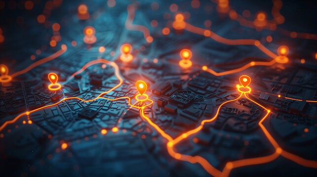 A modern digital illustration of a city map with glowing location pins representing local search optimization, multiple highlighted business locations connected by subtle lines, SE