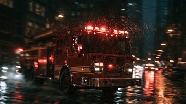 firetruck racing down a wet street at night with sirens and emergency lights firetruck, emergency vehicle, night drive, city lights, wet road, rain reflection, rescue rush, emergen