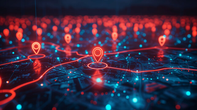 A modern digital illustration of a city map with glowing location pins representing local search optimization, multiple highlighted business locations connected by subtle lines, SE