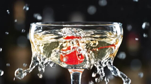 Red cherry dropping into sparkling cocktail in coupe glass with fizzy bubbles. Perfect for luxury bar ads, party campaigns, beverage promotions