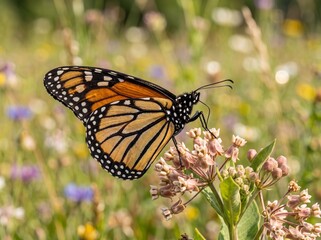 Obraz premium Monarch butterfly resting on a milkweed flower in a summer meadow