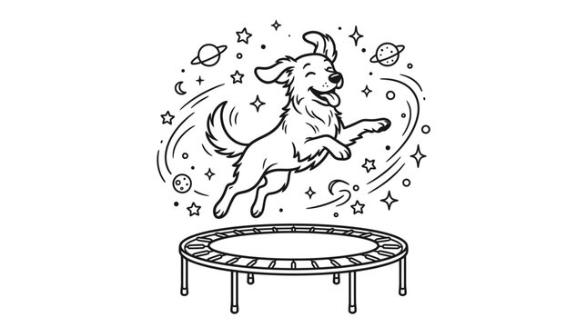 Cartoon dog mid-air jump on trampoline with sparkles and motion lines for playful design