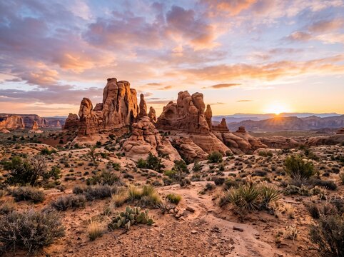 Dramatic sunset over sandstone rock formations in Arches National Park, Utah