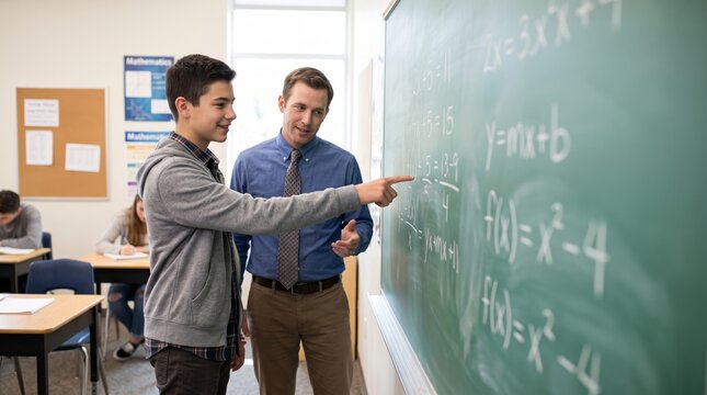 Teenage student solves a math problem at the chalkboard with supportive guidance from his classroom teacher