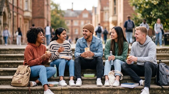 Diverse college students laugh and share lunch together on campus steps during a relaxed university break