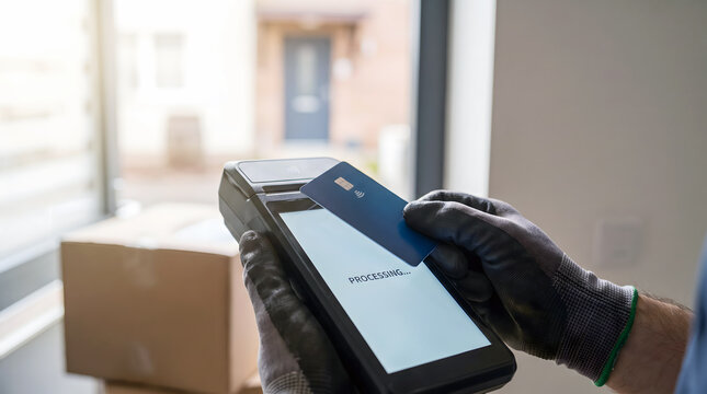 Delivery personnel using card reader to process payment for package in last-mile logistics setting