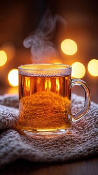 A clear mug filled with amber liquid, with steam rising, sits on a textured fabric coaster. AI.