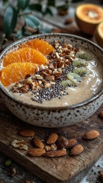 A close-up shot of a healthy smoothie bowl topped with fresh orange slices, kiwi, chia seeds, and chopped nuts. AI.
