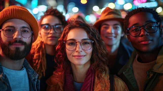 Five friends wearing glasses pose together at night with blurred colorful lights in the background. AI.