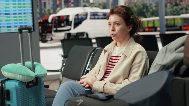 Anxious passenger waits with luggage in bus terminal