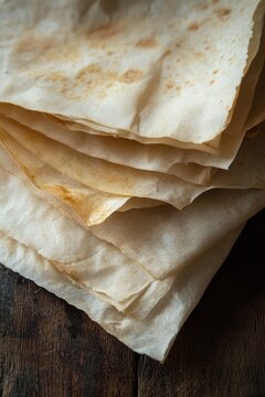 A stack of thin, light brown flatbreads rests on a dark wooden surface, showcasing their delicate texture and slight browning. AI.