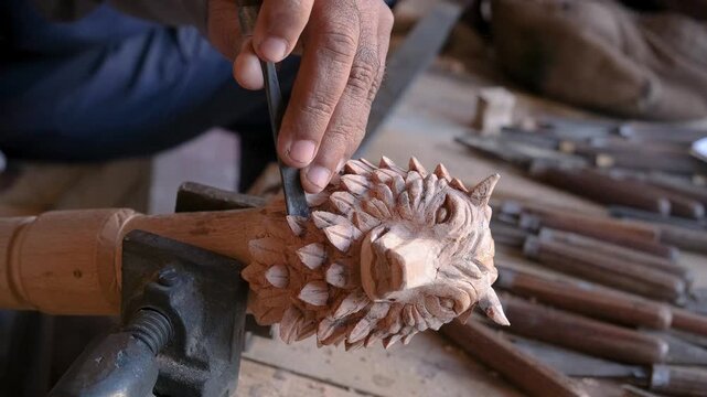 Artisan carving a wooden wolf head with a chisel beside a row of carving tools on the workbench
