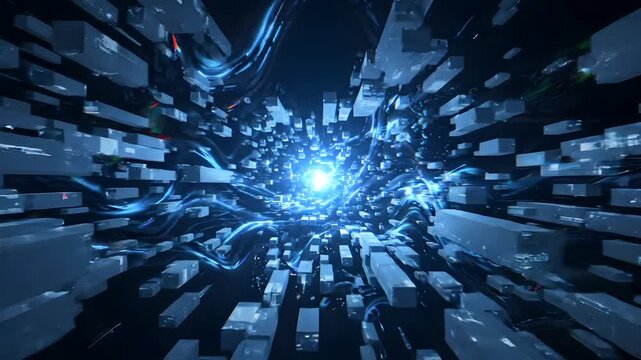 Digital data blocks dissolving into RGB glitch particles on a dark background