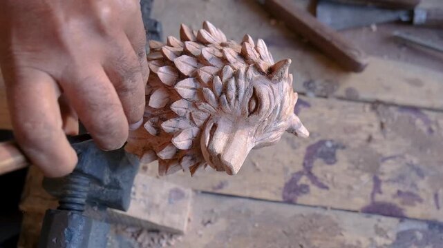Woodcarver tightening a bench vice holding a carved wolf sculpture, overhead view of a traditional workshop
