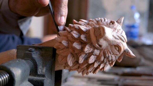 Craftsman detailing the head of a wooden wolf sculpture with a chisel in a traditional woodworking workshop, close up