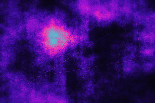 Abstract vibrant purple neon cloud background with glowing light bursts and scratch textures for digital art projects.