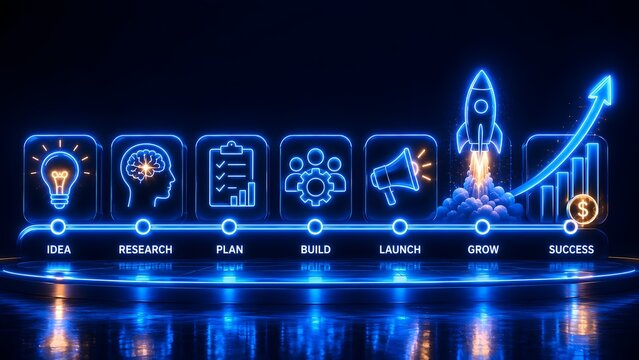 Futuristic startup business roadmap on digital display panels showing process stages with rocket launch and financial growth arrow.