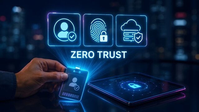Businessman Holding ID Badge for Zero Trust Authentication with Glowing Cyber Security Icons