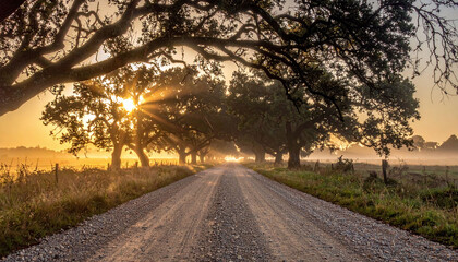 Naklejka premium A serene gravel road winds through ancient oak trees at sunrise, where golden light pierces the mist. This peaceful, atmospheric landscape scene with nobody evokes hope, inspiration, and travel.
