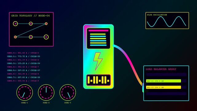 Charging infrastructure displays featuring glowing neon energy nodes with pulsating flux waveforms and digital data metrics inside a modern electronic management system on dark purple screens