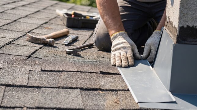 A professional roofer expertly installs metal flashing on a weathered asphalt shingle roof. This essential home maintenance task ensures proper water diversion and structural integrity.