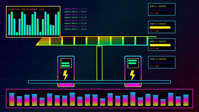 Digital displays showing charging infrastructure data analysis with neon glowing graphical interfaces shifting values in a grid environment of electric energy management for smart city systems