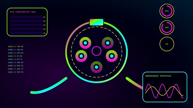 Digital displays showing charging infrastructure status with pulsing neon circular interfaces connected to data streams and analytical graphs representing energy flow in a modern system