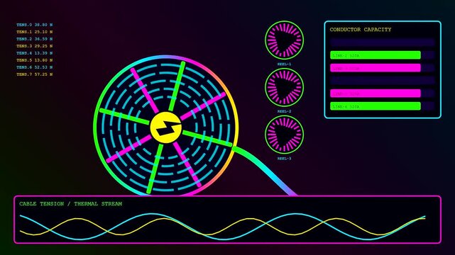 Charging infrastructure displayed in a vibrant animated digital dashboard interface showing circular power meters pulsing energy flow patterns with fluctuating wave data lines on black screen