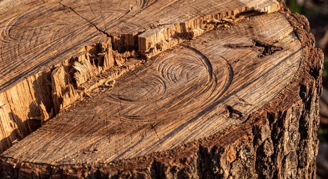 Detailed view of an old wooden tree stump surface with visible growth rings, natural cracks, and splintered textures, bathed in golden light.
