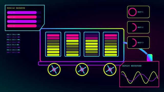 Neon charging infrastructure displayed on a digital screen showing battery health energy levels and fluctuating sine waves in a vibrant dark environment with data streams