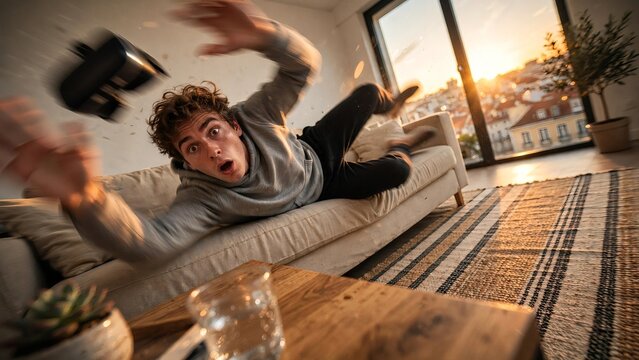 Clumsy Caucasian young man falling on sofa while playing virtual reality game as headset flies off
