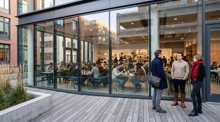 Fototapeta premium Espace de coworking moderne avec terrasse et professionnels