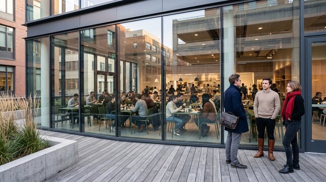 Espace de coworking moderne avec terrasse et professionnels