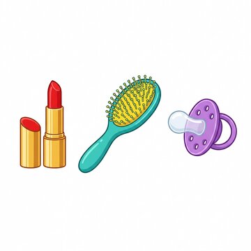 Rouge &agrave; l&egrave;vres, brosse et t&eacute;tine illustrant beaut&eacute; et maternit&eacute;