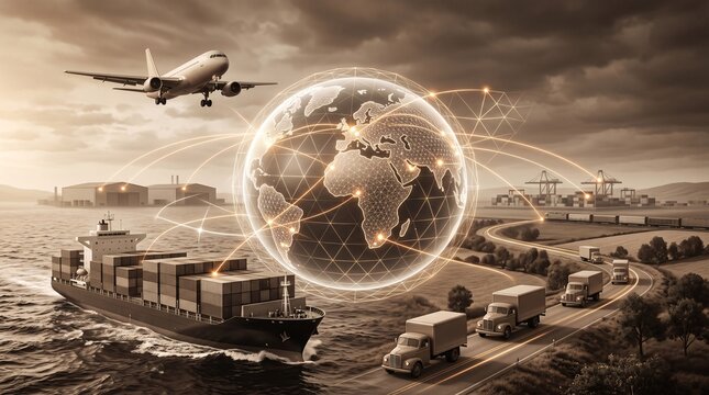 R&eacute;seau mondial de transport et logistique avec avion, navire et camions