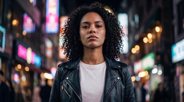 Portrait d&rsquo;une jeune femme dans une rue urbaine illumin&eacute;e la nuit