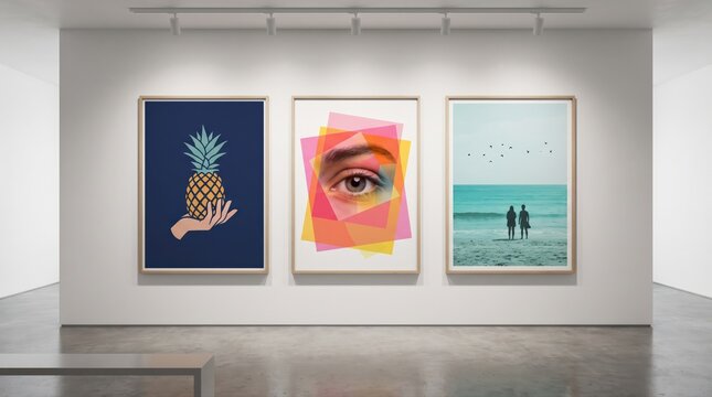 Three distinct framed art prints depicting diverse subjects adorn a minimalist modern gallery. This clean exhibition space showcases contemporary creativity and artistic display concepts.