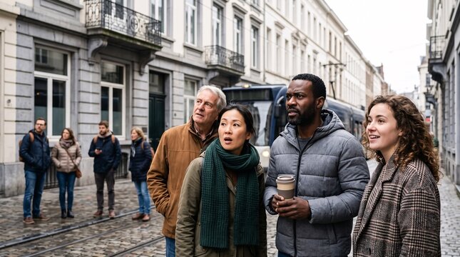 Groupe de touristes surpris en d&eacute;couvrant une ville