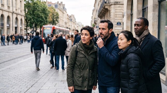 Groupe de voyageurs surpris dans une rue anim&eacute;e