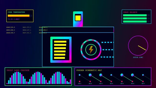 the charging infrastructure dashboard displays active energy metrics across three panels with colorful neon illuminated gauges and digital line graphs tracking electricity flow for power monitoring