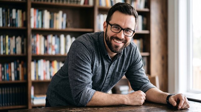 Portrait d&rsquo;un homme souriant dans une biblioth&egrave;que