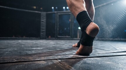 Fototapeta premium A close-up shot of a fighter's feet wearing ankle supports on a dark mat in a sports arena.