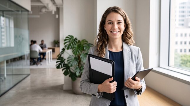 Femme d&rsquo;affaires souriante avec tablette et dossier dans un bureau moderne