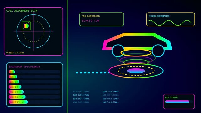 Digital displays showing charging infrastructure for electric vehicles with neon interface elements pulsing data and monitoring energy transfer levels on a dark blue glowing computer screen