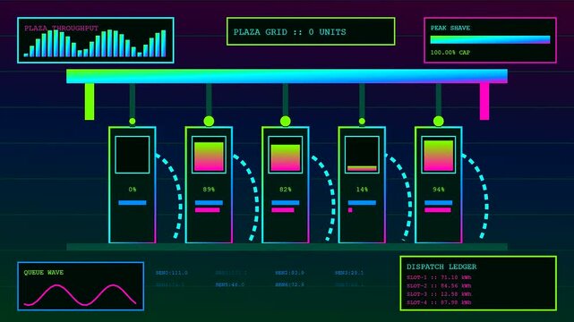 Digital displays showing charging infrastructure status with cycling bar graphs and fluctuating energy levels within a dark interface featuring dynamic lines and vibrant neon color gradients