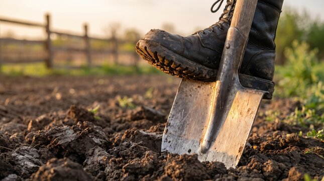 A person's boot firmly presses a shovel into rich, dark garden soil. This imagery signifies diligent agricultural effort and sustainable cultivation practices for planting and growth.