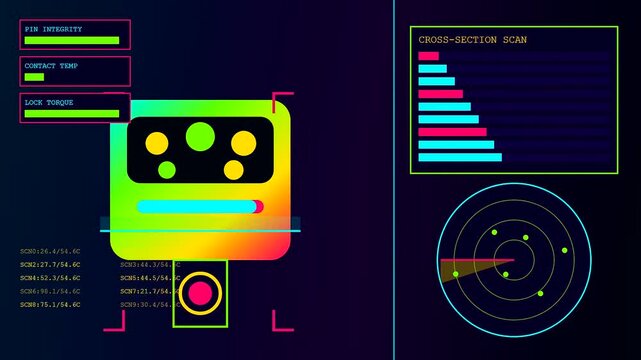 Charging infrastructure data interfaces cycle through digital diagnostic screen panels displaying neon color spectrums of sensor metrics and radar scanning circular grids in a dark space