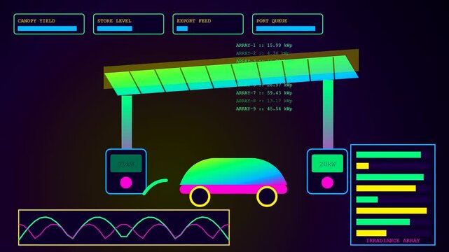 Digital displays showing charging infrastructure status with energy metrics and fluctuating sine waves in a retro synth wave aesthetic style for modern electric vehicle monitoring systems