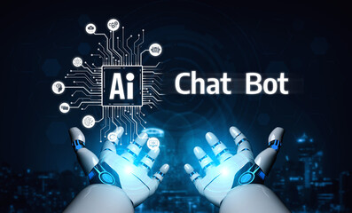 Fototapeta premium AI Virtual Assistant Artificial Intelligence Chatbot Controlled by Prompt Engineering for Explainable Generative AI information and LLM Deep Learning Technology for Smart Business Work Support. Vouch