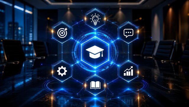 Glowing digital graduation cap and education icons on a dark boardroom table representing corporate training and modern e-learning strategies